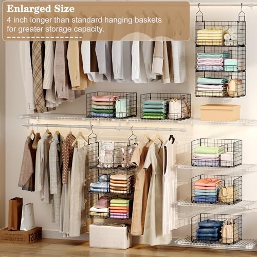Sonyabecca 3-Tier Extra Large Closet Hanging Organizer with Dividers, Clothes Hanging Shelves with 2 Hanging Hooks & 5 S-Hooks, Wire Storage Baskets for Sweaters, Shoes, Handbags & Accessories - Image 3