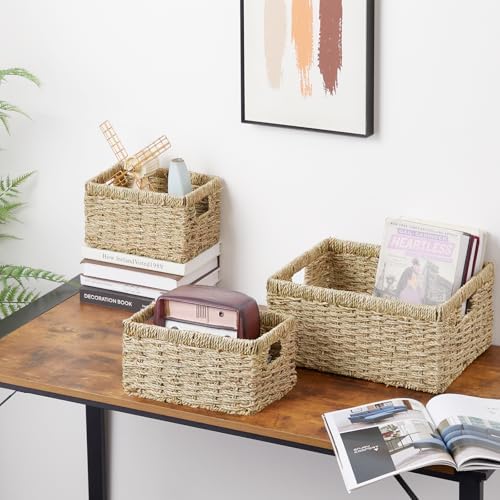Vagusicc Wicker Basket, Set of 3 Hand-woven Storage Baskets for Organizing, Seagrass Wicker Storage Basket Bins with Handles, Small Toilet Paper Storage Baskets for Shelves Pantry Baskets (Seagrass) - Image 3