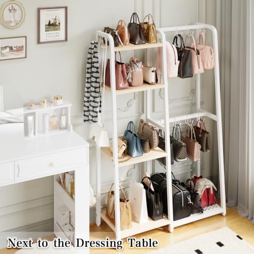 HavenlyYouth Purse Storage Organizer for Closet, 4-Tier Iron Wood Purse Rack, 8 Purse Hooks & 2 Side Hooks for Bag Organizer, Large Capacity Handbag Storage Rack for Home, Living Room, White - Image 2