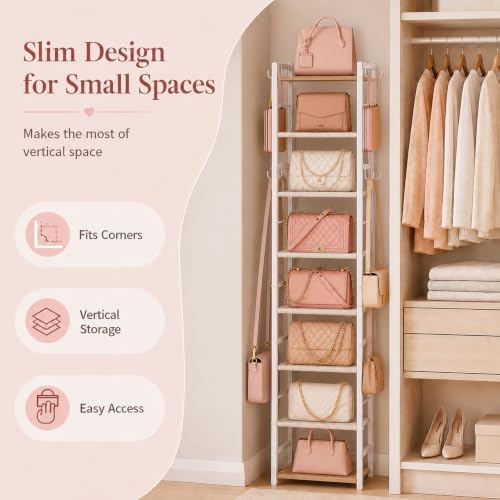 8-Tier Narrow Purse Organizer for Closet, Tall Vertical Purse Rack for Small Spaces, Corner Handbag Storage Display Shelf with Adjustable Fabric Shelves & 8 Hooks for Small & Medium Tote Bags, Bedroom - Image 3