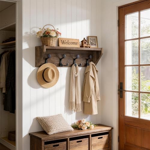 SKOLOO Wall Shelf with Hooks, 24-Inch, Weathered Brown - Image 3