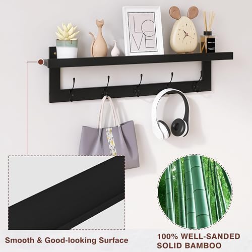 SMIBUY Coat Hooks with Shelf Wall-Mounted, 29.2 Inch Entryway Coat Rack for Wall, Bamboo Hanging Shelf with 5 Double Metal Hooks for Bathroom, Bedroom, Kitchen, Living Room, Mudroom (Black) - Image 3