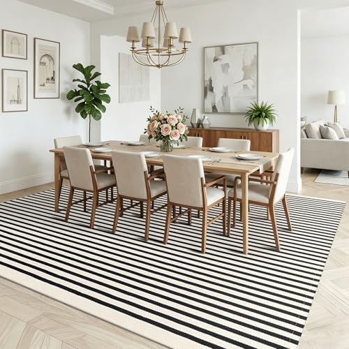 KOZYFLY Beige and Black Rug 8x10 ft Area Rug Woven Washable Striped Rugs by KOZYFLY