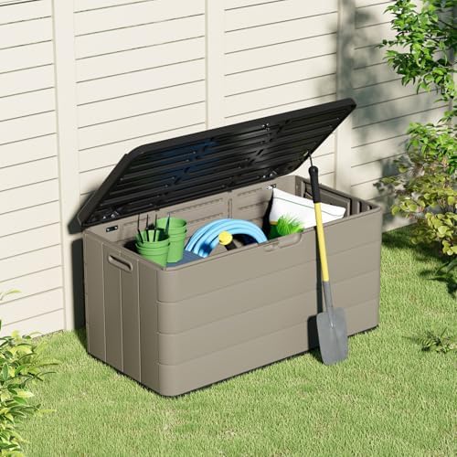 ZZM 110 Gallon Lockable Resin Deck Box, Waterproof Outdoor Storage Box for Patio Cushion Storage Cabinet and Tools Storage, Coffee - Image 2