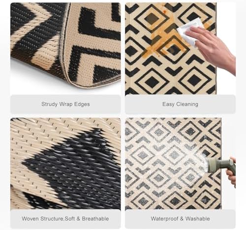 wikiwiki 8x10ft Outdoor Rug, Reversible Plastic Patio Rug Waterproof, Indoor Outdoor Carpet Clearance, Large Area Carpet for Patio Deck Balcony Pool RV Camping Beach Picnic, Black & Beige - Image 6
