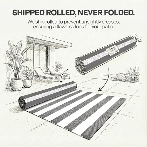 FH Home Outdoor Rug - Waterproof, Fade Resistant, Crease-Free - Premium Recycled Plastic - Geometric - Patio, Porch, Deck, Balcony - Brittany Stripe - Gray & White - 5 x 8 ft - Image 3