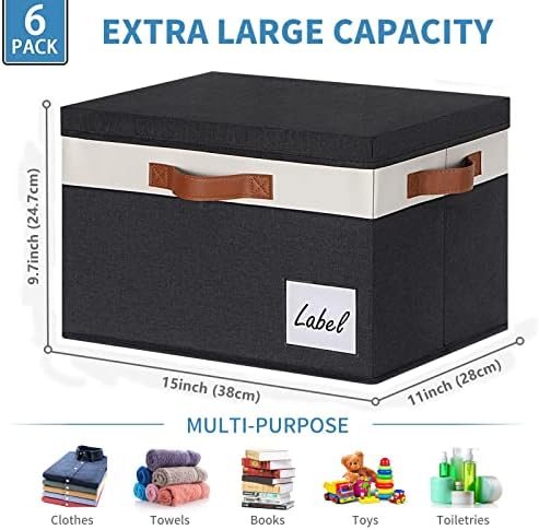 GhvyenntteS Fabric Storage Bins with Lids 6 Pack, Foldable Fabric Storage Baskets with Lid and Handles, Large Closet Organizers and Storage boxes with Label for Home Office (Black, 15" x 11" x 9.7") - Image 2