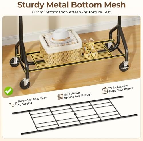 HYSEYY Heavy-Duty 450LBS Capacity Metal Clothes Rack，Rolling Clothing Rack with Wheels & Shelves, Portable Standing Wardrobe Rack for Hanging Clothes, Black (Black, L) - Image 4
