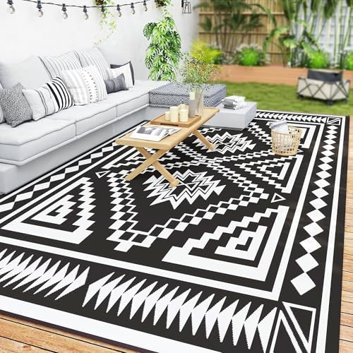 Outsunny Outdoor Rug for Patio Waterproof 9' x 18' Black & Gray Square by Outsunny