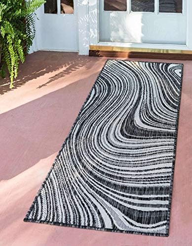 Unique Loom Outdoor Modern Collection Area Rug - Pool (2' x 6' 1" Runner, Charcoal/ Gray) by UniqueLoom