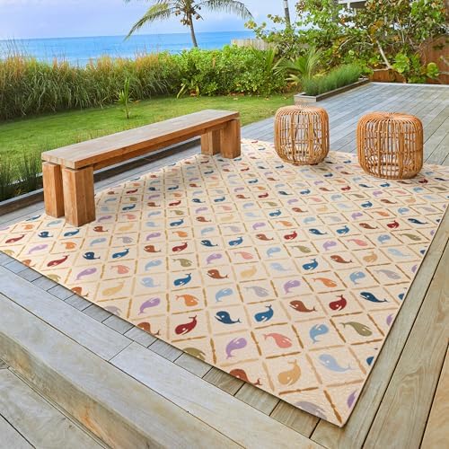 Gertmenian Reyn Spooner Kona Coast Fresco Hawaiian Tropical Rugs - 9x13 Ft Extra Large, Washable, Stain & UV Resistant Indoor Outdoor Area Rug - Ivory Multi, Kanaloa Whales, 46771 - Image 2