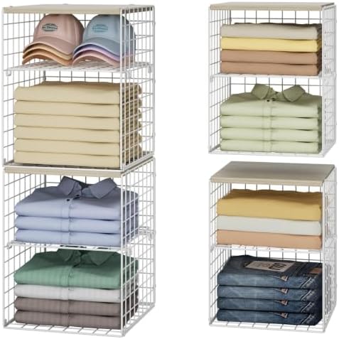 Hencawima 4 Pack Stackable Closet Organizers and Storage, Clothing Storage Shelves with Adjustable Dividers & Wood Top, Space-Saving Closet Organizer System, White by Hencawima