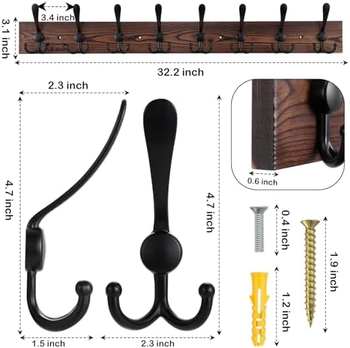 Kuhome 32.2'' Large Coat Rack Wall Mount Coat Hooks Coat Hanger with 8 Metal Black Triple- Hooks Brown Pine Real Wood Plank Hat Rack for Wall Hooks for Hanging Coat Hat Jacket (Pack of 2) - Image 2