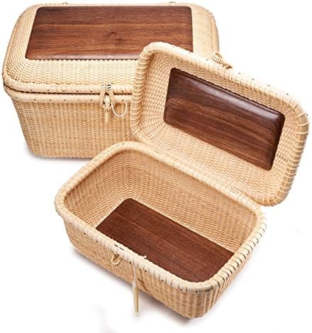 Nantucket baskets Rectangular Handwoven rattan Storage Basket Set with Lid for Shelves and Home Organizer Bins (2-Size Kit) - Image 2