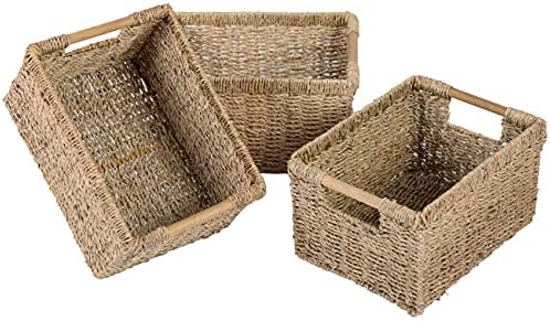 Natural Seagrass Basket with Wooden Handle, Medium Rectuangular Wicker Basket for Living Room 12.2 x 8.9 x 6.7 inches - 3 Pack by VATIMA
