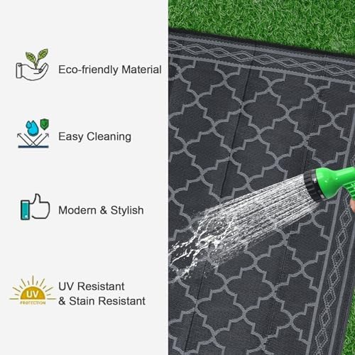 GAOMON Outdoor Plastic Straw Rug, 10'x20' Reversible Sage Green Patio Mat, Flower Modern Design for RV, Backyard, Deck, Camping, Picnic, Black/Grey(Geometric) - Image 6