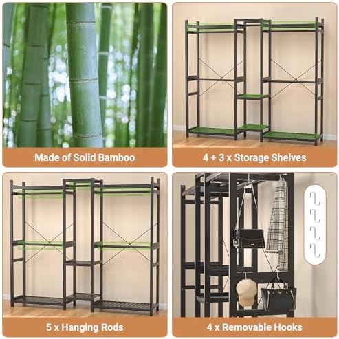Homykic Bamboo Clothing Rack with 7 Shelves, 5 Hang Rods, 70” Wide, Black - Image 6