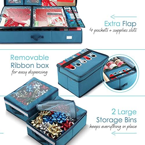 Hearth & Harbor Wrapping Paper Storage Container with Ribbon Dispenser and Interior Pockets - Large Christmas Storage Containers with Wheels, Fits 30 Rolls of 40" Length, Blue - Image 4