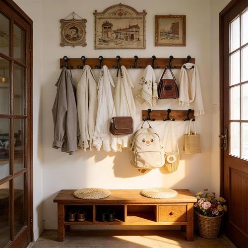 WEBI Coat Rack Wall Mount,17" Solid Wood Coat Hooks Wall Mounted Coat Hanger,16" Hole to Hole,Heavy Duty Hook Rack,3 Triple Hooks for Hanging Coats,Jacket,Hat,Backpack,Farmhouse,Brown,2 Packs - Image 5