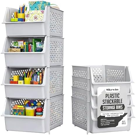 Stackable Storage Bins Open Front for Pantry Storage, 4 Pack - Light Grey by Skywin