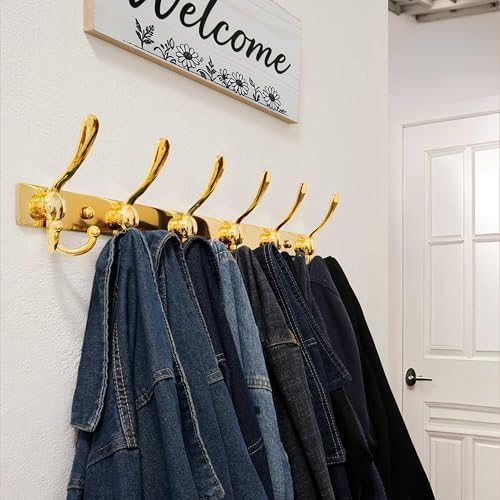 Dseap Coat Rack Wall Mount 24 Inch, Heavy Duty 12-Gauge Base vs Flimsy 1mm, Double-Thick Solid Anti-Snap Hooks, Stainless Steel 6-Hook Hanger for Clothes Hat Closet Entryway, Gold, Pack of 2 - Image 5