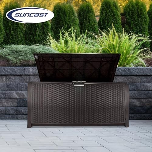 Suncast 99 Gallon Plastic Wicker Deck Box Container Storage for Garden, Garage, Home, Pool, Indoor and Outdoor Use, Mocha (2 Pack) - Image 5