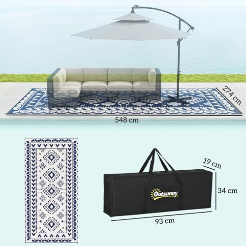 Outsunny Outdoor Rug for Patio Waterproof 9' x 18' Blue & White Rhombus - Image 2