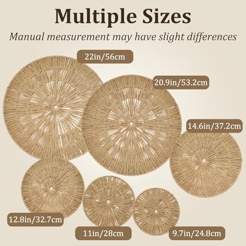 Acidea Jute Wall Decor Baskets, Set of 6 Extra Large Woven Rattan Wall Plates, Boho Decorative Wicker Hanging Baskets for Wall Arts, 22", 21", 15", 13", 11", 10", for Bedroom, Living Room, Entryway - Image 3