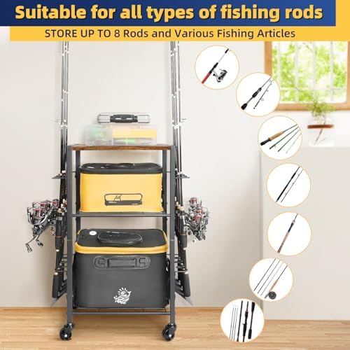 Olakee Fishing Rod Holders, Rolling Fishing Rod Rack for Garage & Boat, Tackle Box & Reel Holder Cart, Easy Assembly Fishing Gear Management System, Ideal Birthday Gift for Men Dad Anglers - Image 5