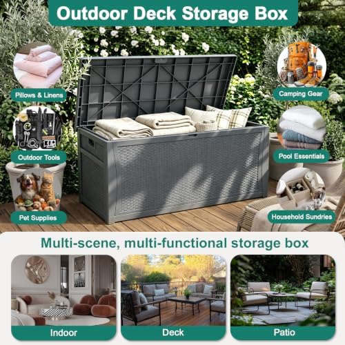 EHHLY 121 Gallon Outdoor Storage Box Large, Lockable Outside Storage Containers Waterproof Patio Cushions Deck Boxes, Rattan Plastic Garden Hose Boxes Resin Pool Storage Bins, Grey - Image 2