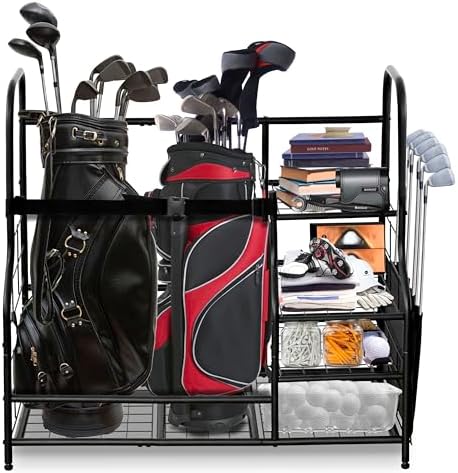 Morvat Golf Storage Bag Organizer, Fits Two Golf Bags, Metal Durable Rack Stand for Golfing Equipment, Golf Balls & Accessories, for Home, Garage, Basement, Shed (Style 2) by Morvat