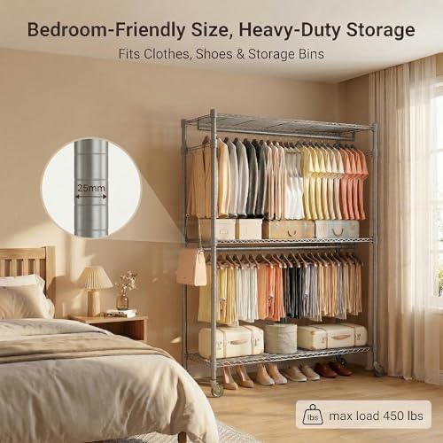 Homdox Rolling Clothes Rack Heavy Duty, 3-Tier Adjustable Wire Shelving Garment Organizer with Double Rods & Hooks, Portable Clothes Rack with Wheels, 17.72" D x 47.24" W x 80.71" H, Grey - Image 2