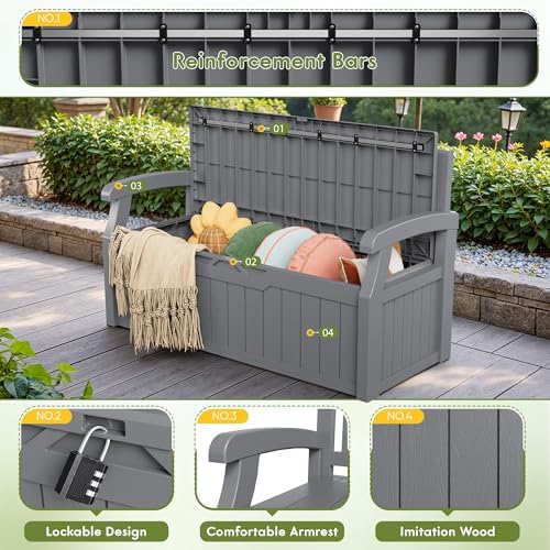 Greesum 80 Gallon Storage Bench Outdoor Deck Box with Armrest, Grey - Image 4