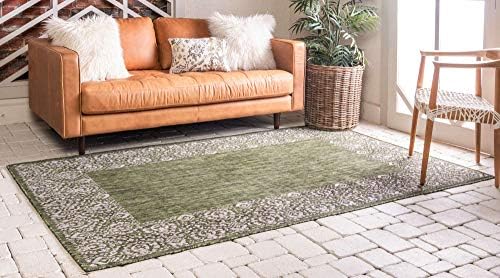 Unique Loom Outdoor Border Collection Area Rug - Floral Border (8' x 11' 4" Rectangle Green/Ivory) - Image 3