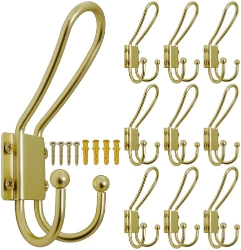 WEBI Coat Hooks Wall Mount,5 mm Thick,10 Large Triple Gold Hooks,Heavy Duty Metal Backpack Wall Hooks for Hanging Clothes,Robe,Towel,Closet,Farmhouse,Mudroom,Gold by WEBI