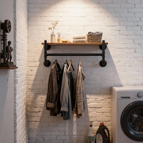 WEBI Wall Mounted Clothes Rack with Shelf,30" Industrial Pipe Clothing Rack with Shelf with Hanging Rod,Heavy Duty Iron Garment Rack Bar,Retail Display Clothes Rod for Laundry Room,Closet,Black - Image 2