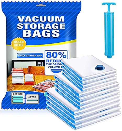 Vacuum Storage Bags(3 x Small,3 x Large, 2 x Jumbo),Various Sizes for different packing needs, Reusable for packing Comforter,Clothes,Coats,Sweater,Bedding,Blankets,Pillows,Soft Toys,Free Hand Pump for Travel and Moving!Save 80% Storage Space by Unknown