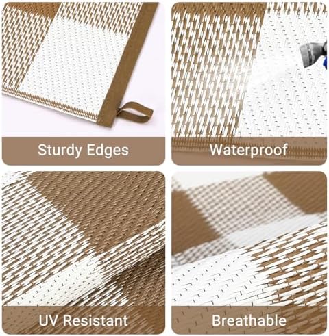 GlowSol 9x18 Outdoor Reversible Rug Waterproof UV Resistant Plastic Straw Rug Modern Outdoor Checkered Rug, Portable Picnic Mat with Stakes, Large Camping Carpet for Backyard, Balcony, Brown - Image 6