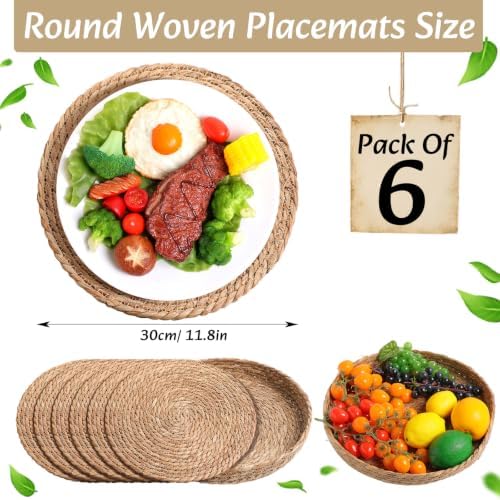 Long Table Runner and Round Woven Placemats Set, 6 Sets, Beige - Image 2