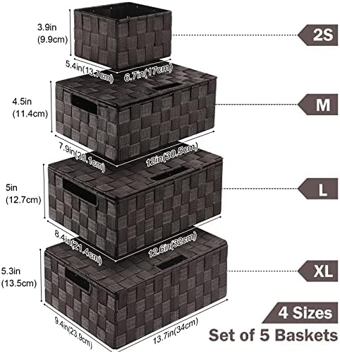 Storage Baskets with Lids: 5 Pack Stackable Woven Storage Bins, Brown - Image 2