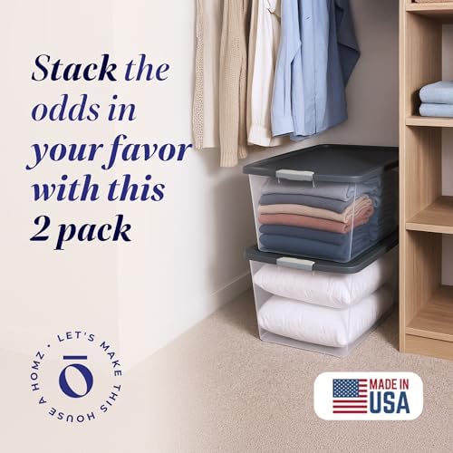 HOMZ 4-Pack Secure Latch, Clear Plastic Storage Organizer Bins, 64 Quart, Gray Lid - Stackable Container Boxes for Bedroom, Bathroom, Garage, and Office Organization - Image 3