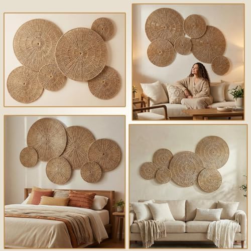 Acidea Jute Wall Decor Baskets, Set of 6 Extra Large Woven Rattan Wall Plates, Boho Decorative Wicker Hanging Baskets for Wall Arts, 22", 21", 15", 13", 11", 10", for Bedroom, Living Room, Entryway - Image 5