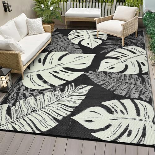 COZYLOOM Outdoor Rug 9' x 12' Waterproof for Patios Clearance, Reversible Plastic Straw Camping Carpet, Modern Leaf Large Area Rugs Mats RV, Picnic, Backyard, Deck, Balcony, Porch, Beach, Black Beige by COZYLOOM
