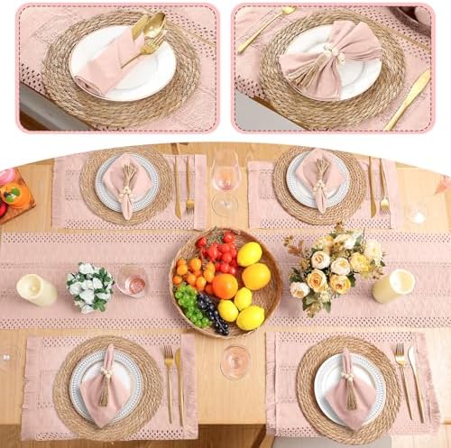 6 Sets Boho Placemat Table Runner Napkin Rings, Pink, 12x72 - Image 5