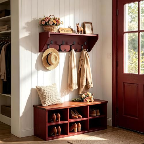 SKOLOO Wall Shelf with Hooks, 24-Inch Cherry Coat Rack Wall Mount with Shelf Organizer - Heavy Duty, 4 Tri Hooks - Perfect for Entryway, Hallway, Living Room, Bedroom, Mudroom - Image 7