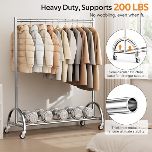 MISSLO Heavy Duty Clothing Rack with Wheels Rolling Clothes Racks for Hanging Clothes, Coats, Garment, Dress, Silver - Image 2