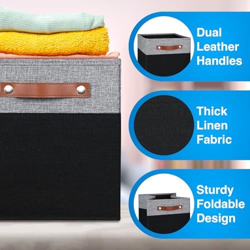 13x13 Storage Cubes - 6 Pack - Linen Fabric 13 Inch Cube Storage Bins for Bedroom, Living Room, Clothes and Toys; Foldable, Dual Leather Handles - Image 4