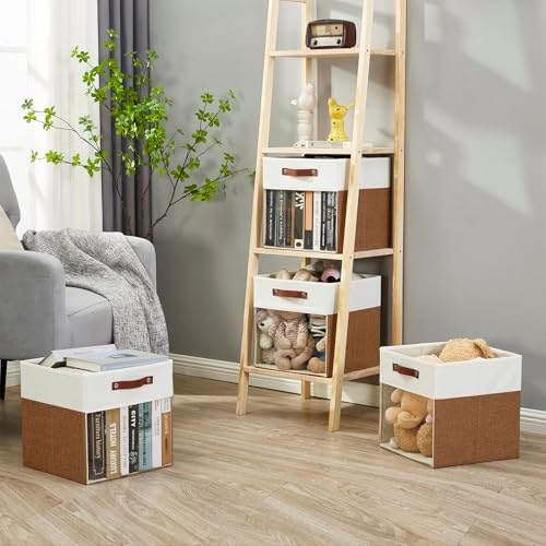 Bagnizer Storage Cubes, 4 Pack Linen Foldable Storage Bins with Clear Window and 2 Handles, 13x15x13 Storage Cube Bins for Shelf Closet, Kallax, Clothes, Books - (Brown / Off-White) - Image 3