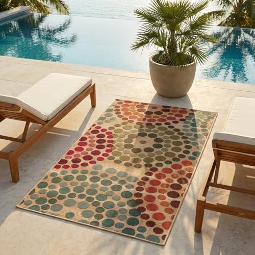 Unique Loom Outdoor Modern Collection Area Rug - Spark (2' 7" x 5' 3" Runner, Beige/ Burgundy) by UniqueLoom