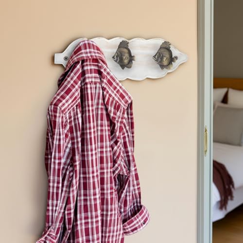Rustic Wall-Mounted Coat Rack with 3 Antique Brass Fish Hooks – Distressed White Wooden Base, Nautical Coastal Hook Rail for Hats& Keys, Beach House Entryway & Mudroom Organizer - Image 4